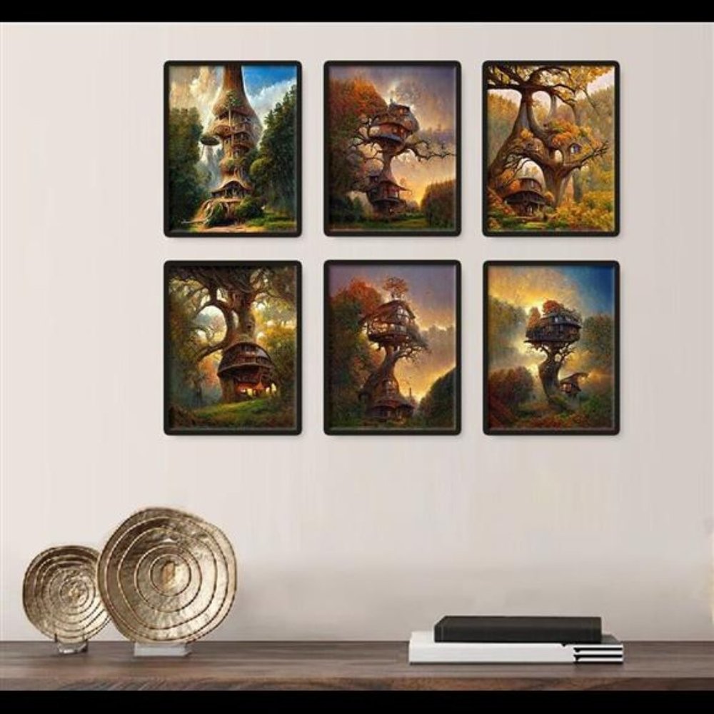 Fantasy Mystical Tree Houses Wall Art Home Decor Set of 6 Prints